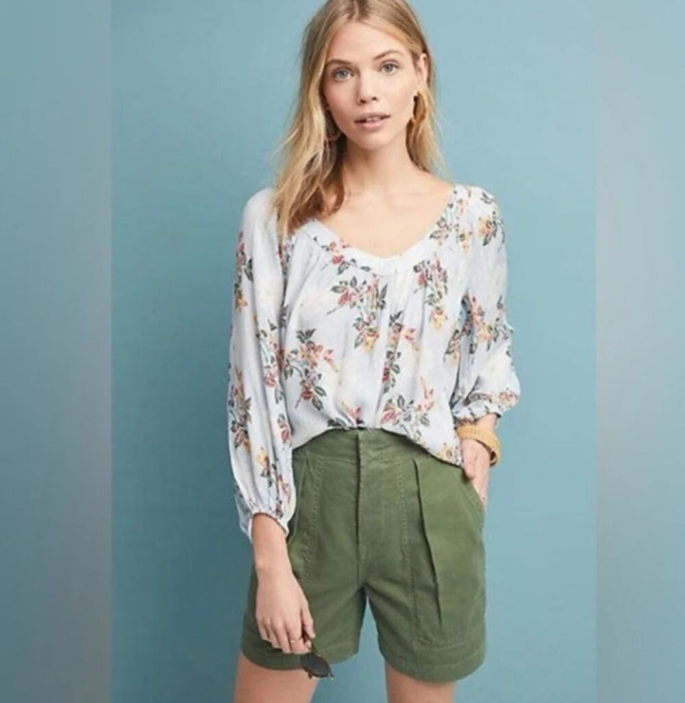 Anthropologie Maeve 8 Floral Boswell Popover Blouse Striped Pleated Blue Size 4